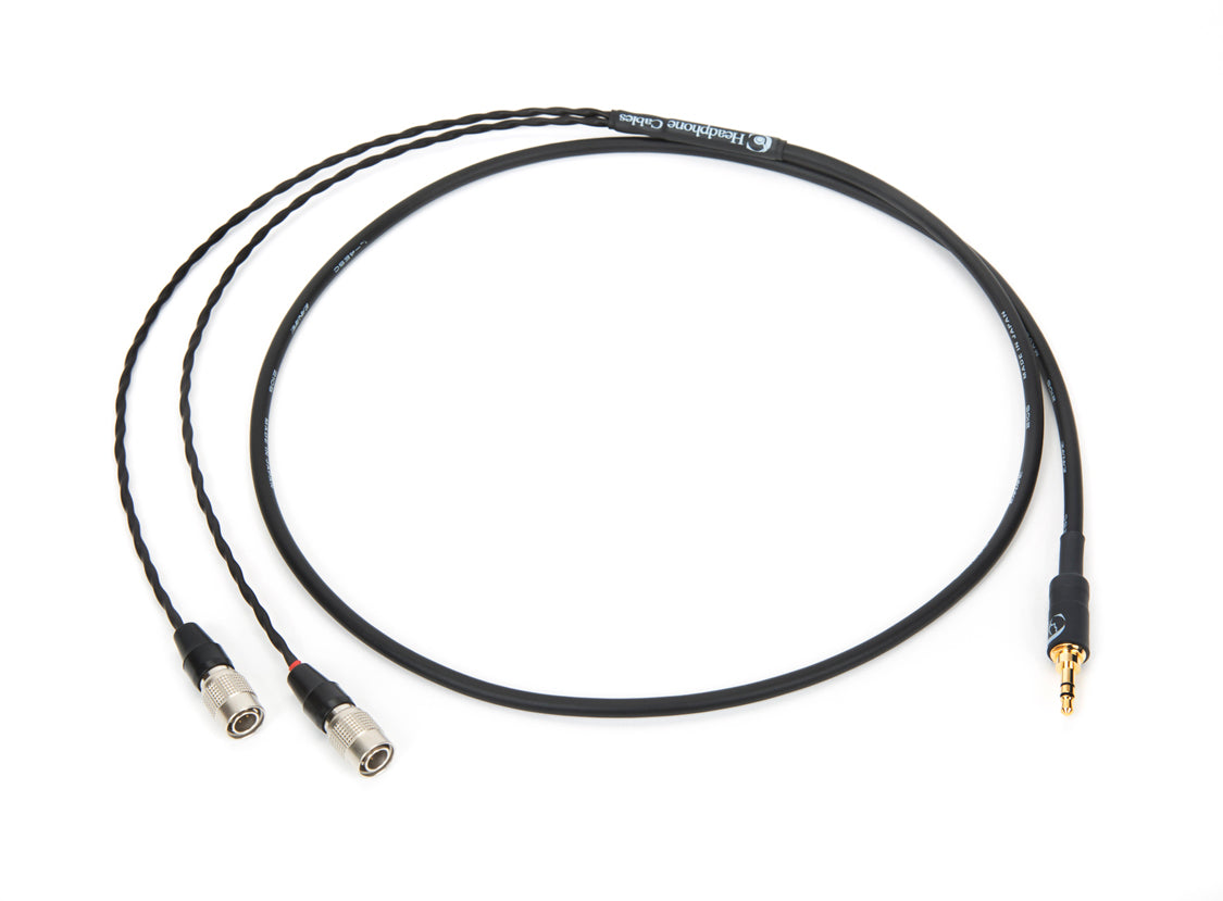 Close-up of 4ft Canare L-4E5C cable for Dan Clark Audio headphones with 3.5mm TRS plug