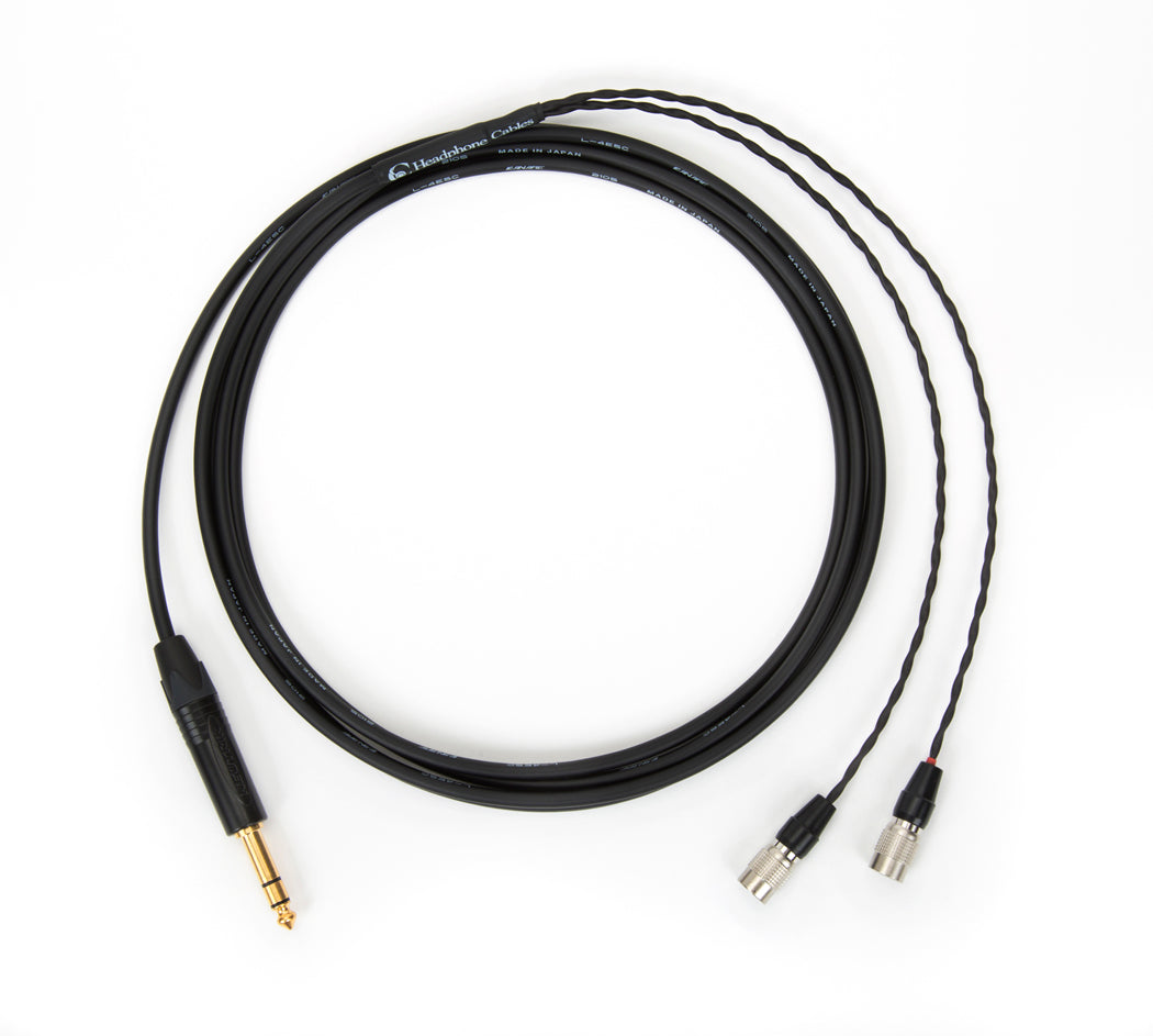 Close-up of 10ft Canare L-4E5C cable for Dan Clark Audio headphones with 1/4" TRS plug