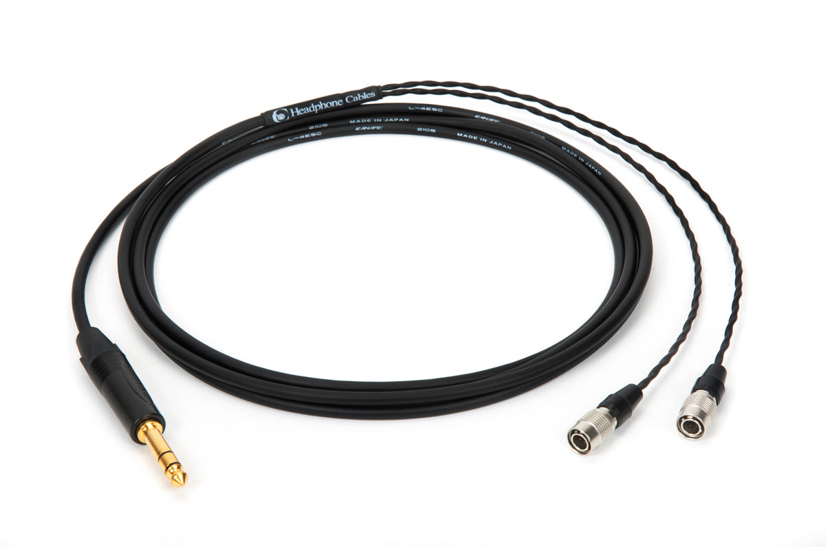 Close-up of 10ft Canare L-4E5C cable for Dan Clark Audio headphones with 1/4" TRS plug