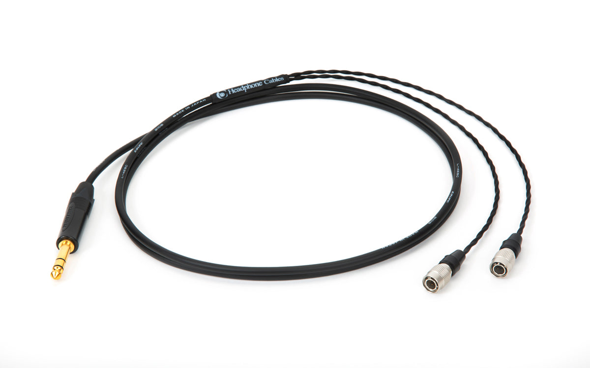 Close-up of 6ft Canare L-4E5C cable for Dan Clark Audio headphones with 1/4" TRS plug
