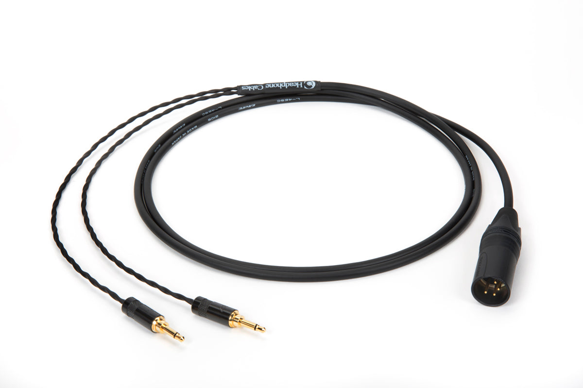 Close-up of 6ft Canare L-4E5C universal headphone cable with dual 3.5mm mono and 4-pin XLR plug