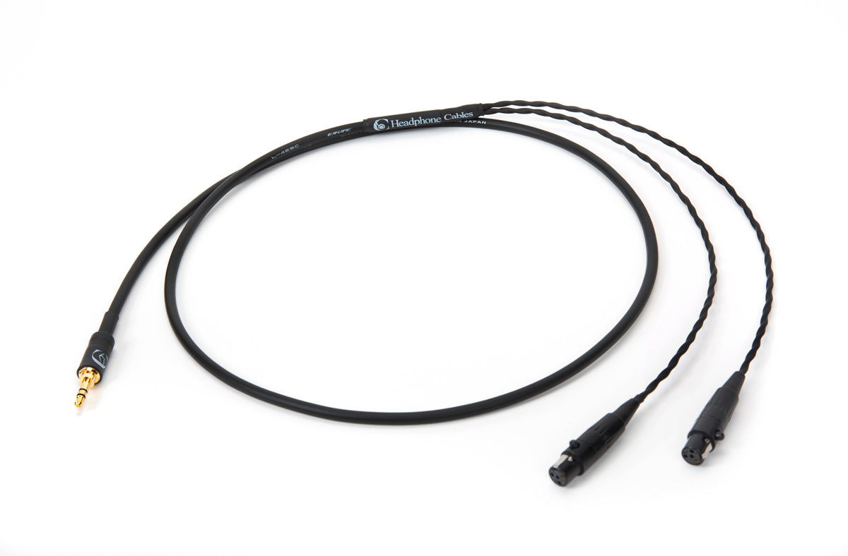 Close-up of Canare L-4E5C universal cable with dual mini 4-pin XLR connectors and 3.5mm TRS plug