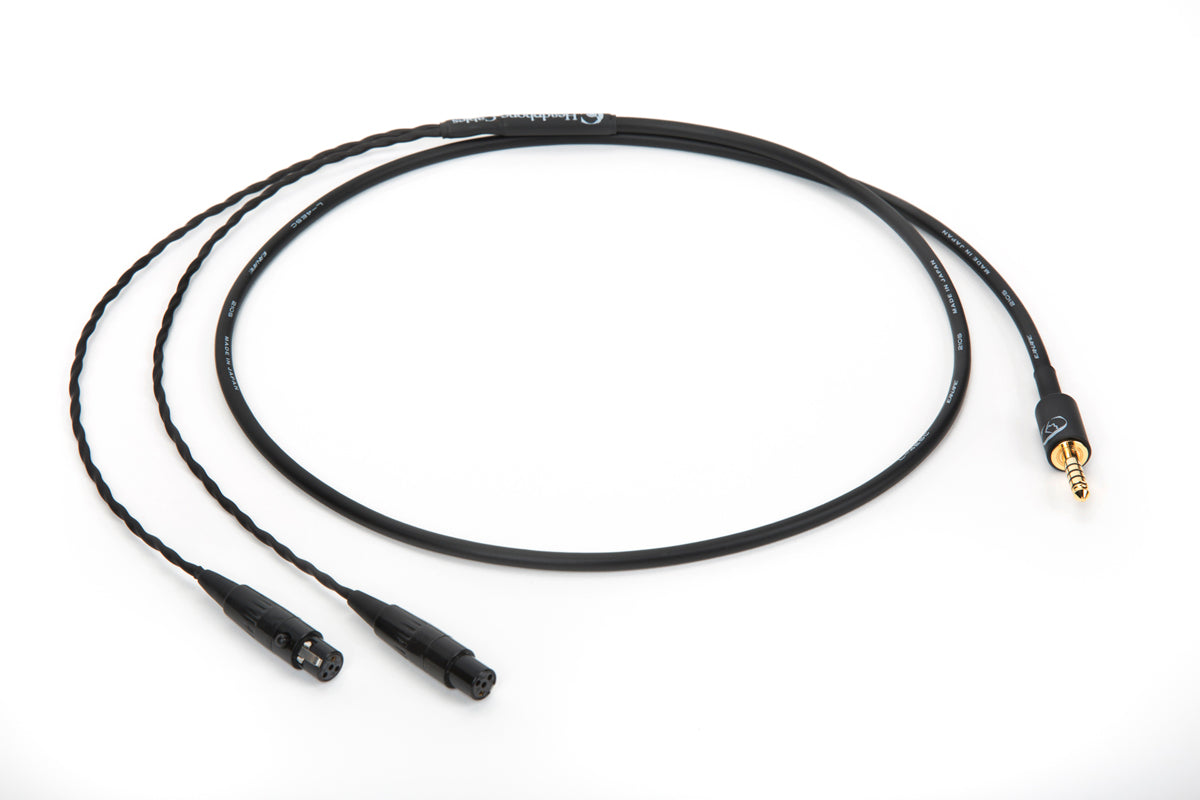 Close-up of Canare L-4E5C universal cable with dual mini 4-pin XLR connectors and 4.4mm TRRRS balanced plug