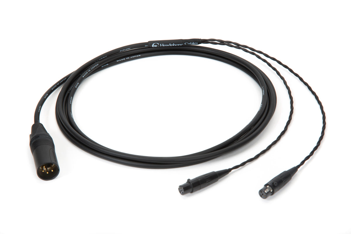 Close-up of 10ft Canare L-4E5C universal cable with dual mini 4-pin XLR connectors and balanced 4-pin XLR plug