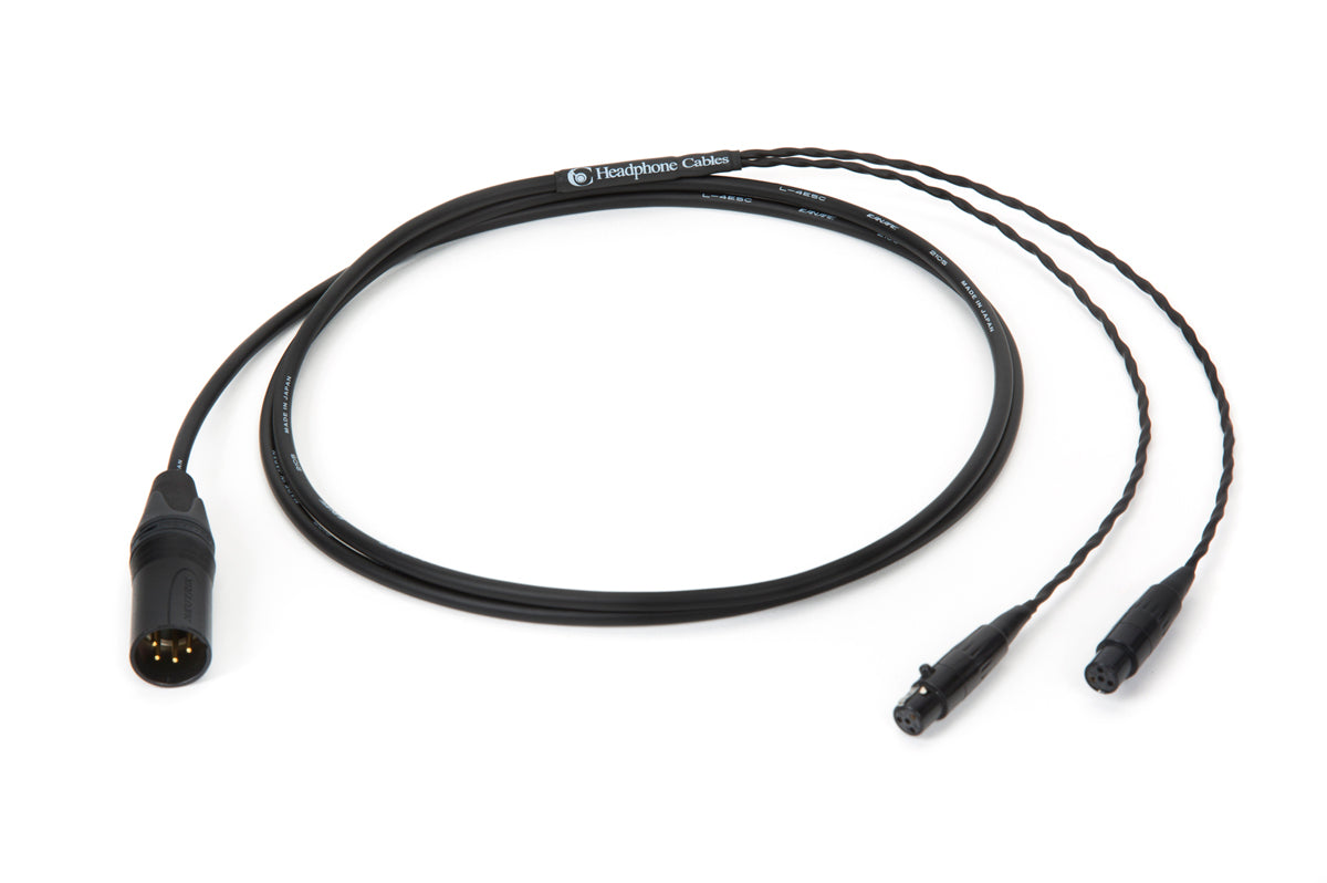 Close-up of 6ft Canare L-4E5C universal cable with dual mini 4-pin XLR connectors and balanced 4-pin XLR plug
