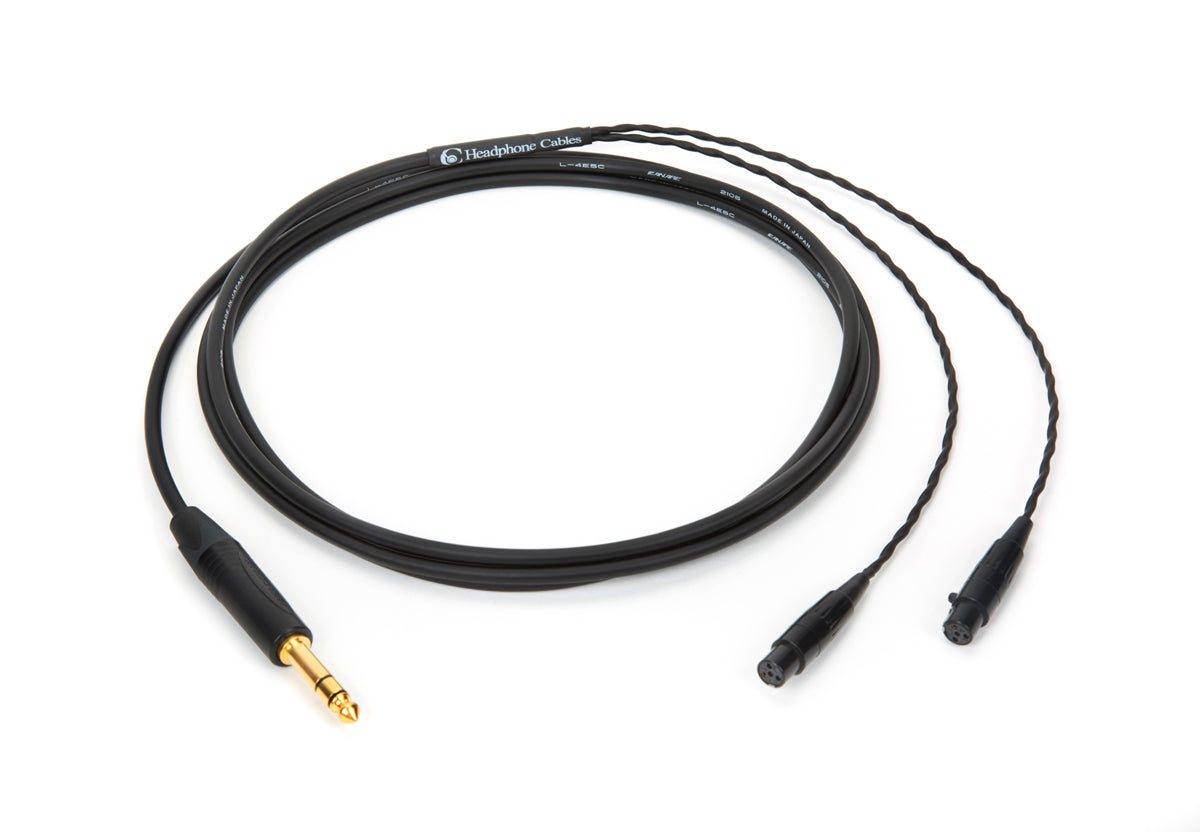 Close-up of 10ft Canare L-4E5C universal cable with dual mini 4-pin XLR connectors and 1/4" TRS plug