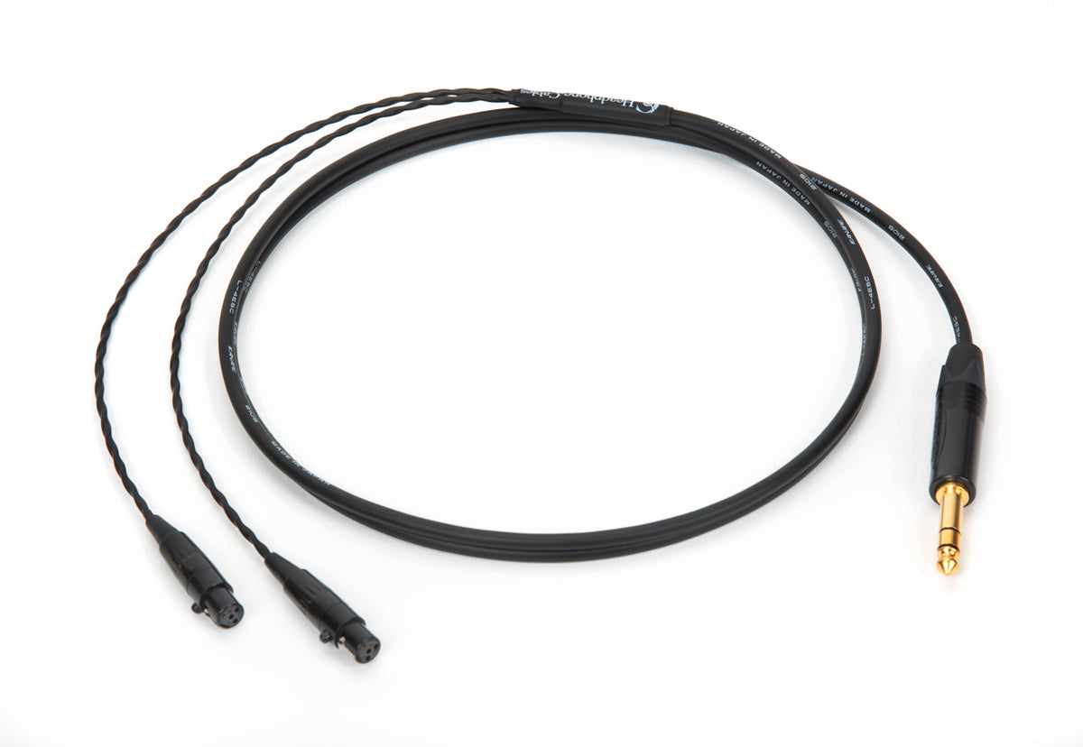 Close-up of 6ft Canare L-4E5C universal cable with dual mini 4-pin XLR connectors and 1/4" TRS plug