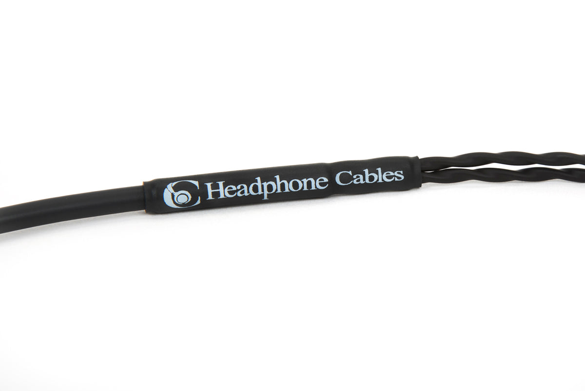 Close-up of right and left channel split logo on custom headphone cables